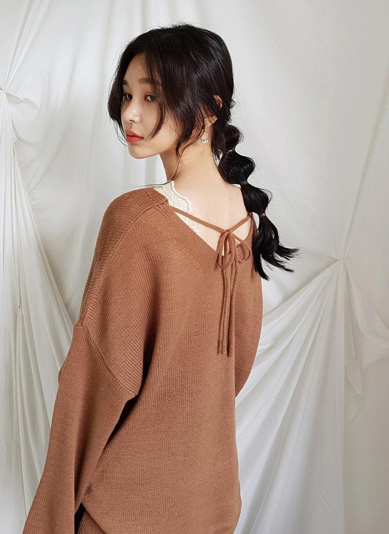 バックリボンVネックニット・全5色