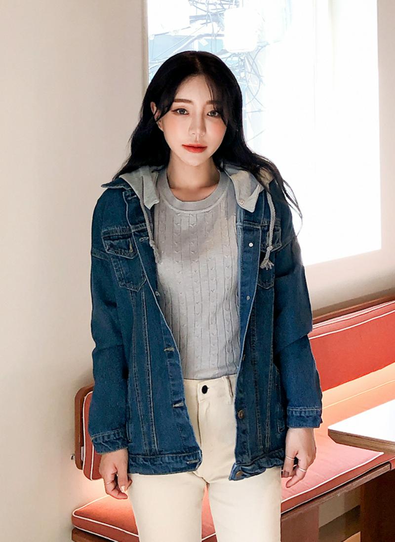 配色フードデニムジャケット