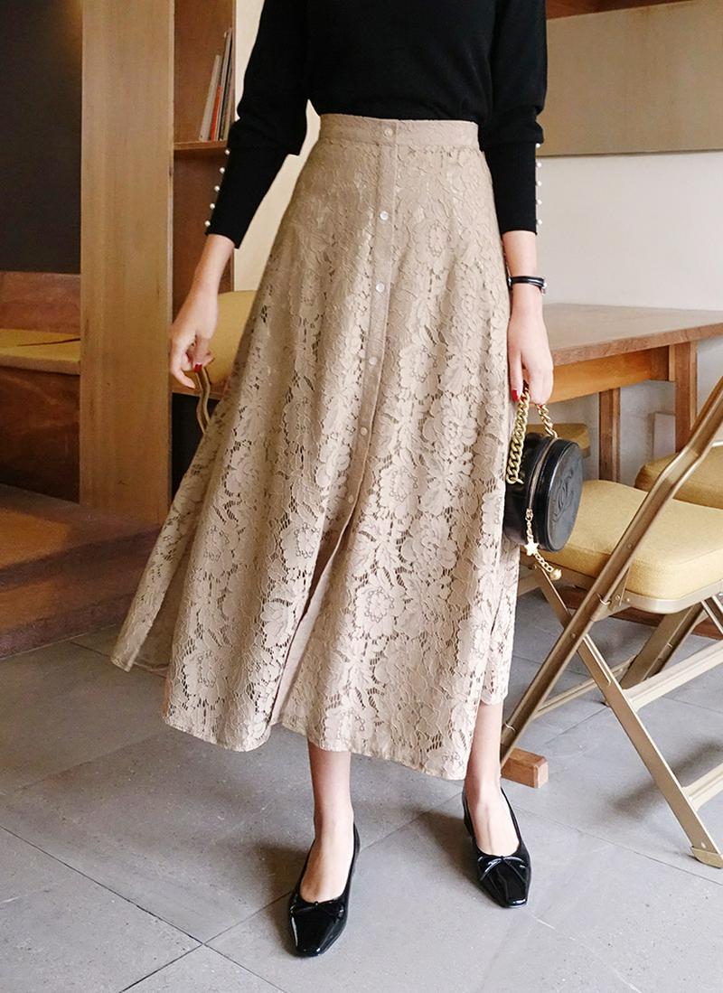 ボタンレースフレアスカート・全3色