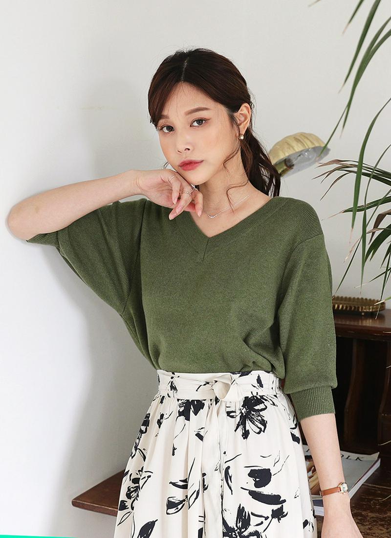 Vネックリブヘムニット・全5色