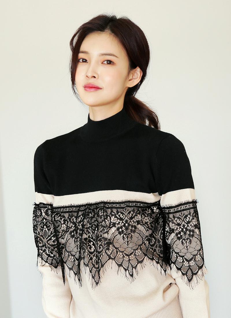 ≪人気商品再入荷≫レースバイカラーニット・全2色 b54534 レディース【tops】【韓国 ファッション トップス ニット 配色 レーズ ハーフネック ゆったり 上品 大人 カジュアル 秋冬】【ハイホリHIHOLLI】