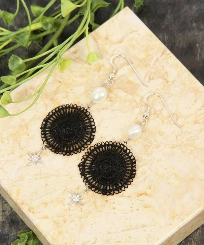 S925 レースブラック×ガラス八芳星ピアス