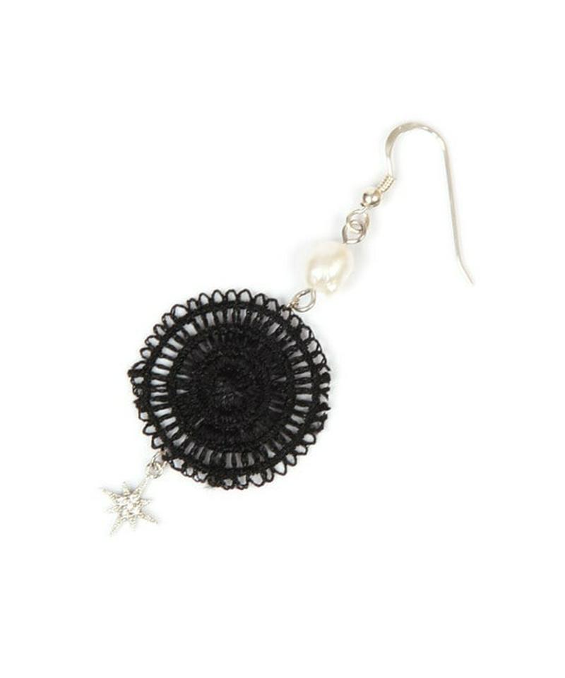 S925 レースブラック×ガラス八芳星ピアス