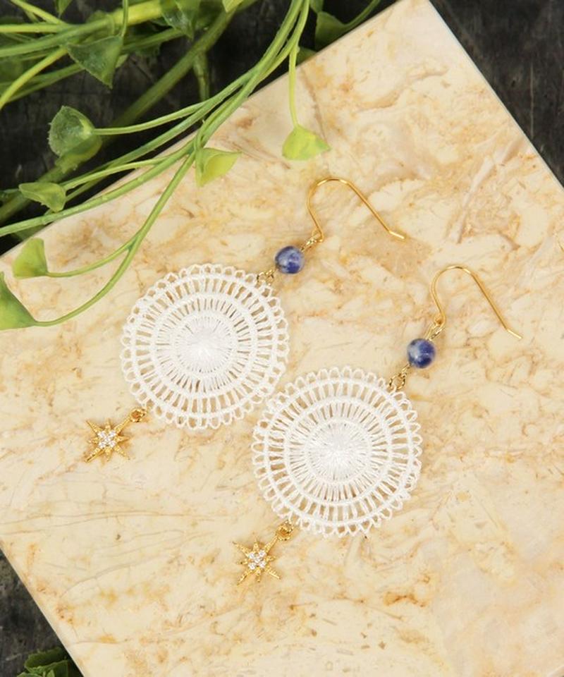 K14GF レースホワイト×ガラス八芳星ピアス