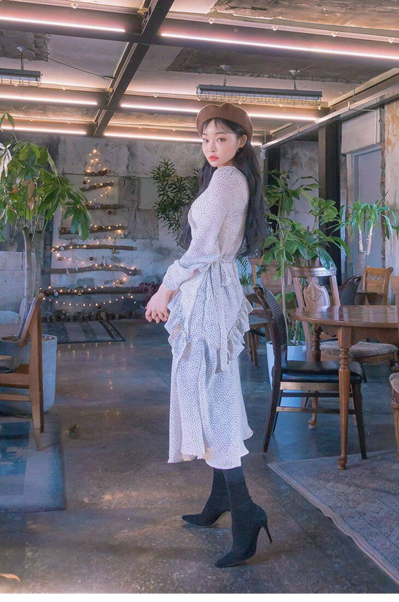 ワンピース レディース 春物 マキシ丈 フリル シフォン ドット Aライン ロング丈 きれいめ おしゃれ 可愛い ブラック ホワ
