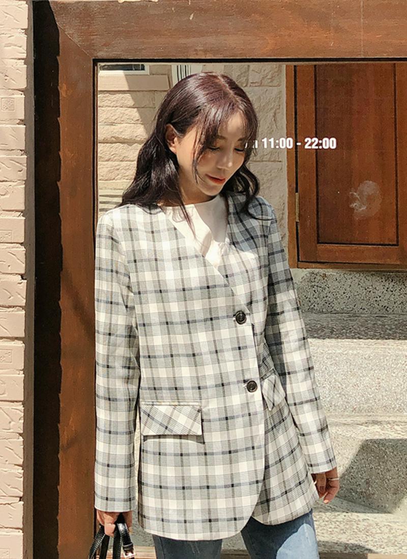 ノーカラーチェックジャケット