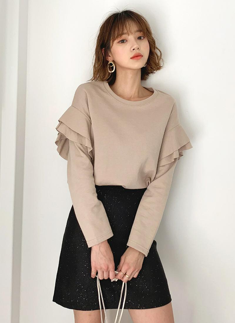 ≪人気商品再入荷≫レイヤードフリルTシャツ・全3色・b54183 レディース【tops】 トップス Tシャツ 長袖 ラウンドネック ドロップショルダー フリル 綿 コットン カジュアル かわいい ガーリー フェミニン レイヤード風 秋
