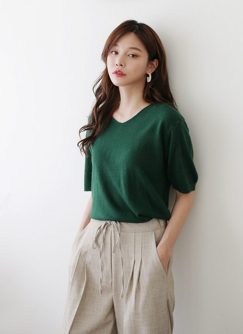 半袖Vネックニット・全6色