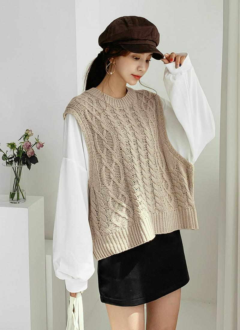 ≪人気商品再入荷≫レイヤード調ニット・全2色・t55314 レディース【tops】 トップス ニット 長袖 ラウンドネック オーバーサイズ ゆったり ケーブルニット 異素材 フェミニン レイヤード風 インしない プルオーバー 冬 秋 韓国ファッション