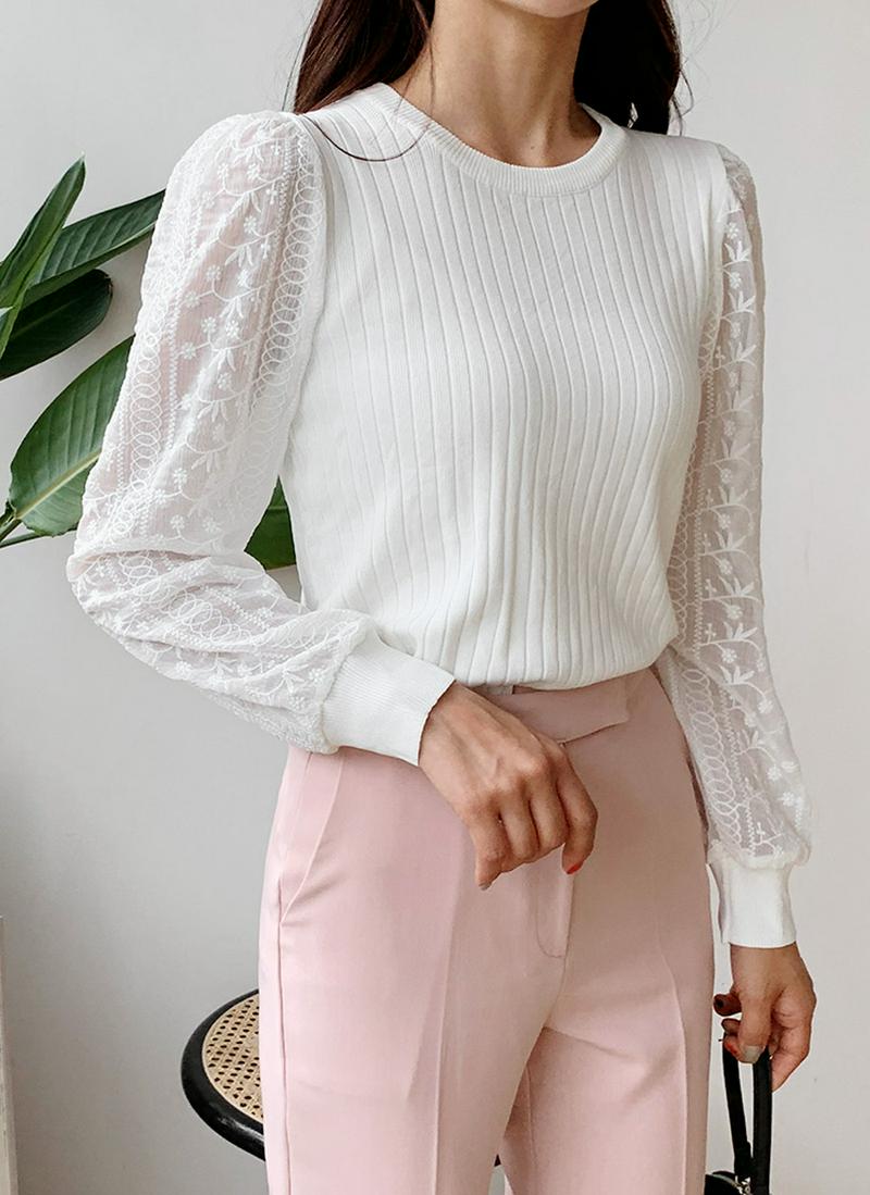 レーススリーブリブニット・全2色