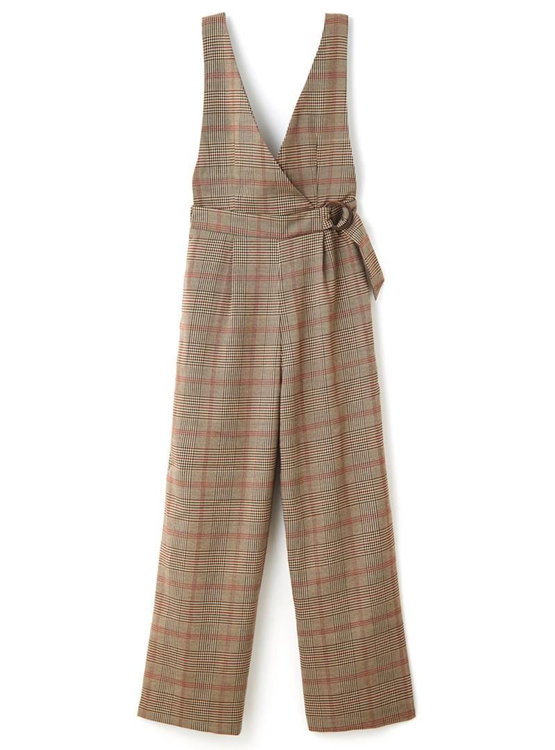 チェック柄カシュクールワイドパンツオールインワン