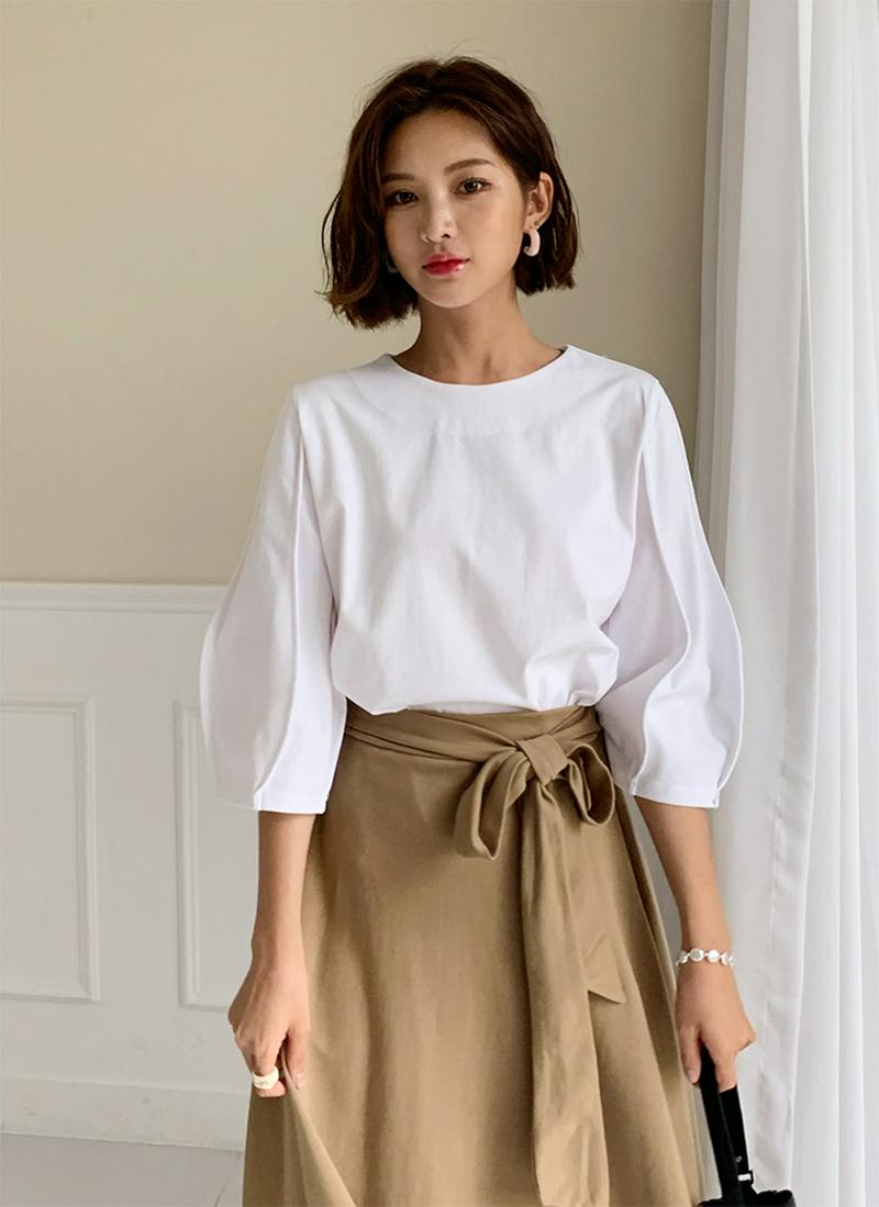 【マラソン特価】≪人気商品再入荷≫バルーンスリーブTシャツ・全4色・t59058 レディース 【tops】トップス Tシャツ 無地T バルーンスリーブ 7分袖 七分袖 七分丈 7分丈 タック 袖コン ボリューム袖 単色 無地 ラウンドネック 大人 春 秋 ハイホリHIHOLLI