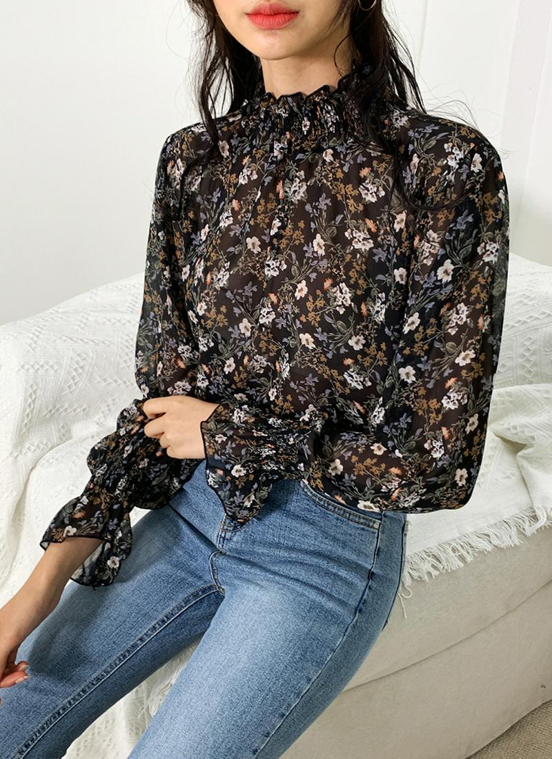 花柄シャーリングブラウス・全2色