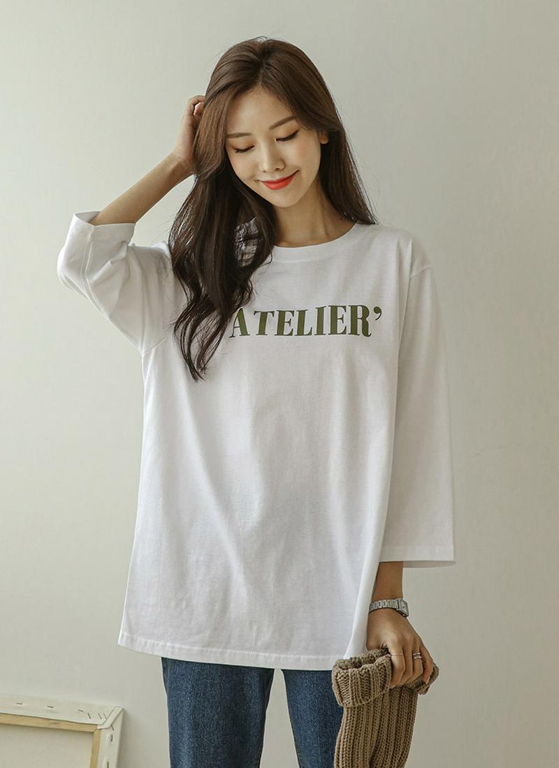 7分丈レタリングTシャツ