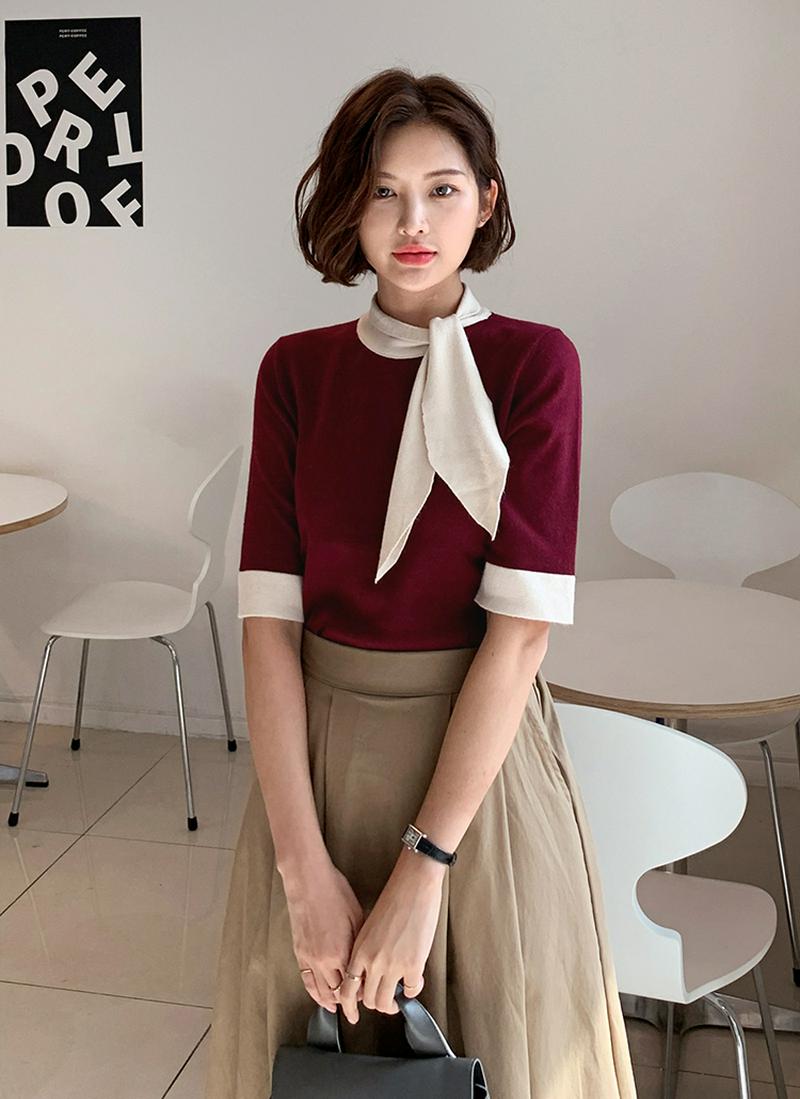 配色リボン半袖ニット・全3色