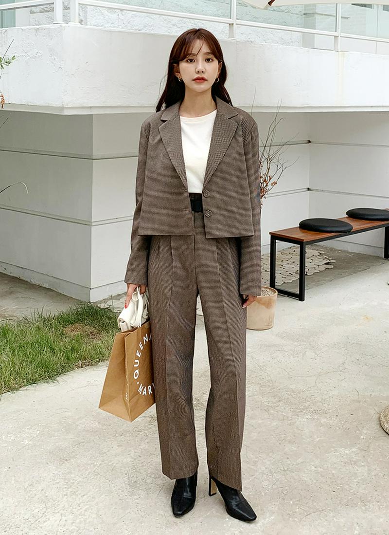 チェックショートジャケット&ストラップ付パンツSET・全2色