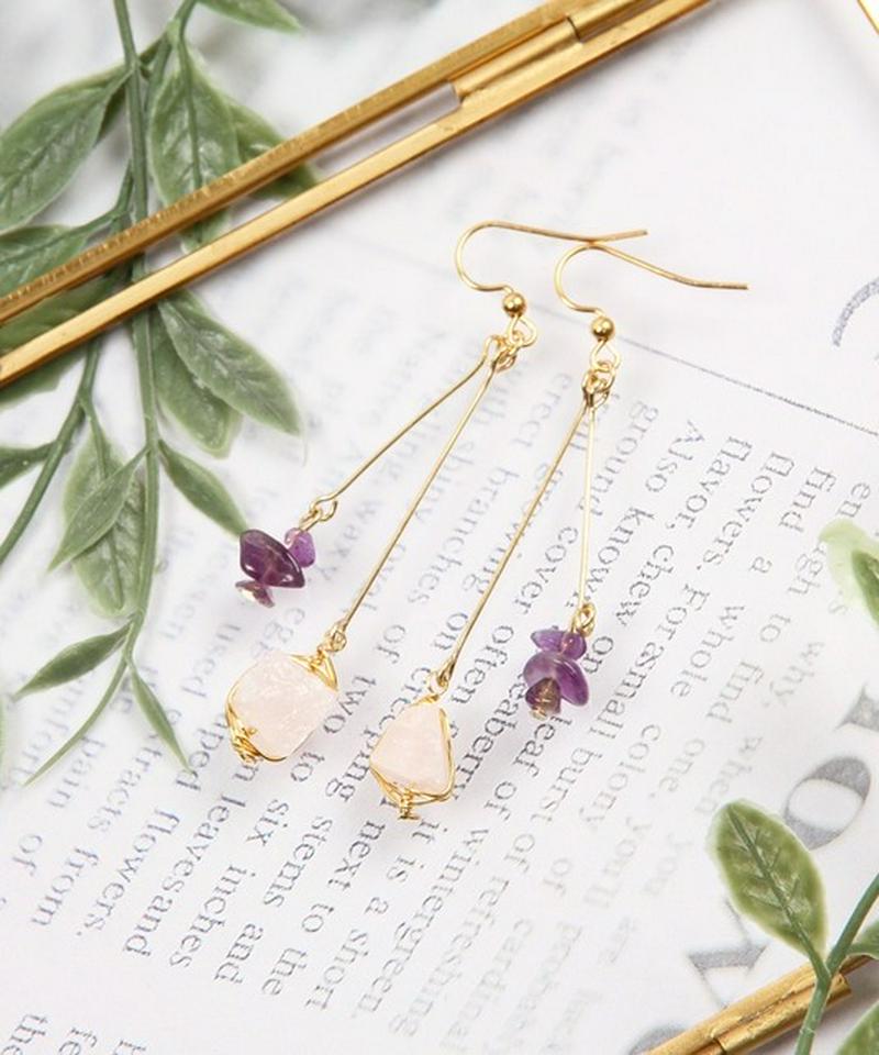K14GF ローズクォーツ×サザレアメジストピアス