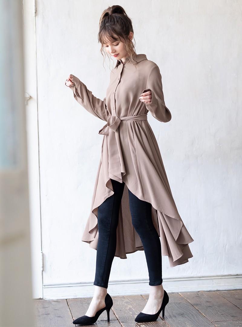 リボンベルト付きイレヘムロングシャツ