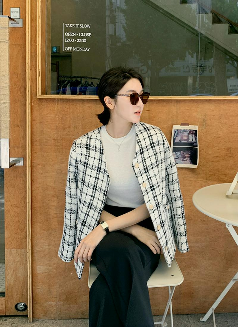 Vネックツイードチェックジャケット