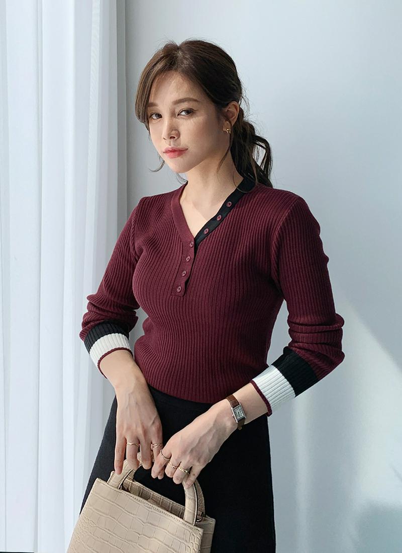 配色ボタンリブニット・全4色