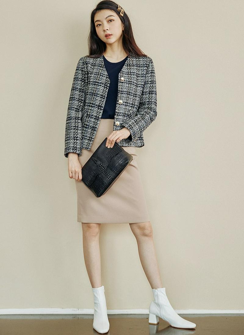 ツイードノーカラージャケット(ブルー)