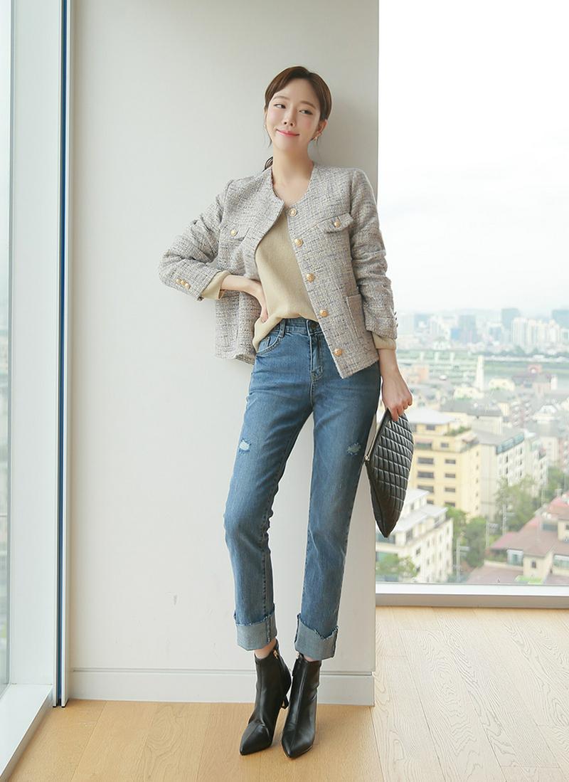 ラウンドネックツイードジャケット