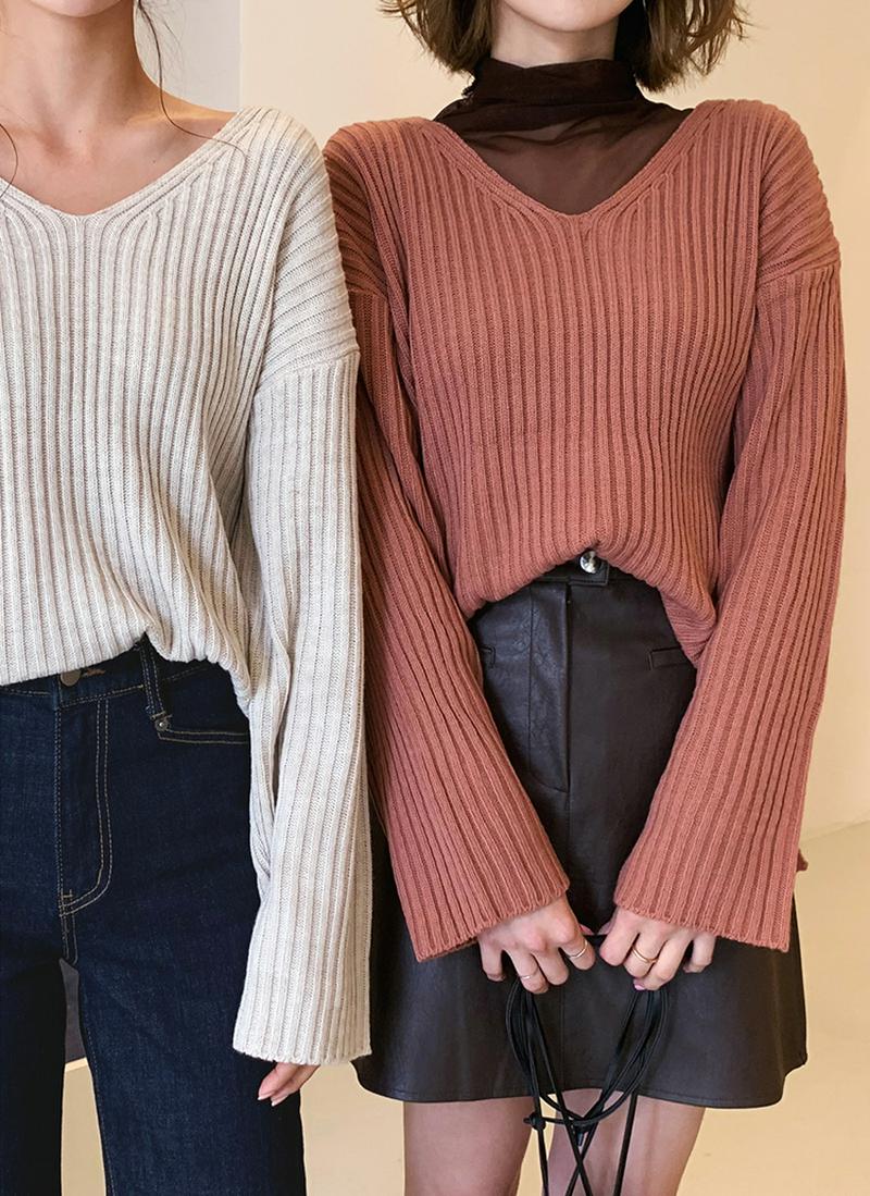 リブVネックルーズニット・全4色