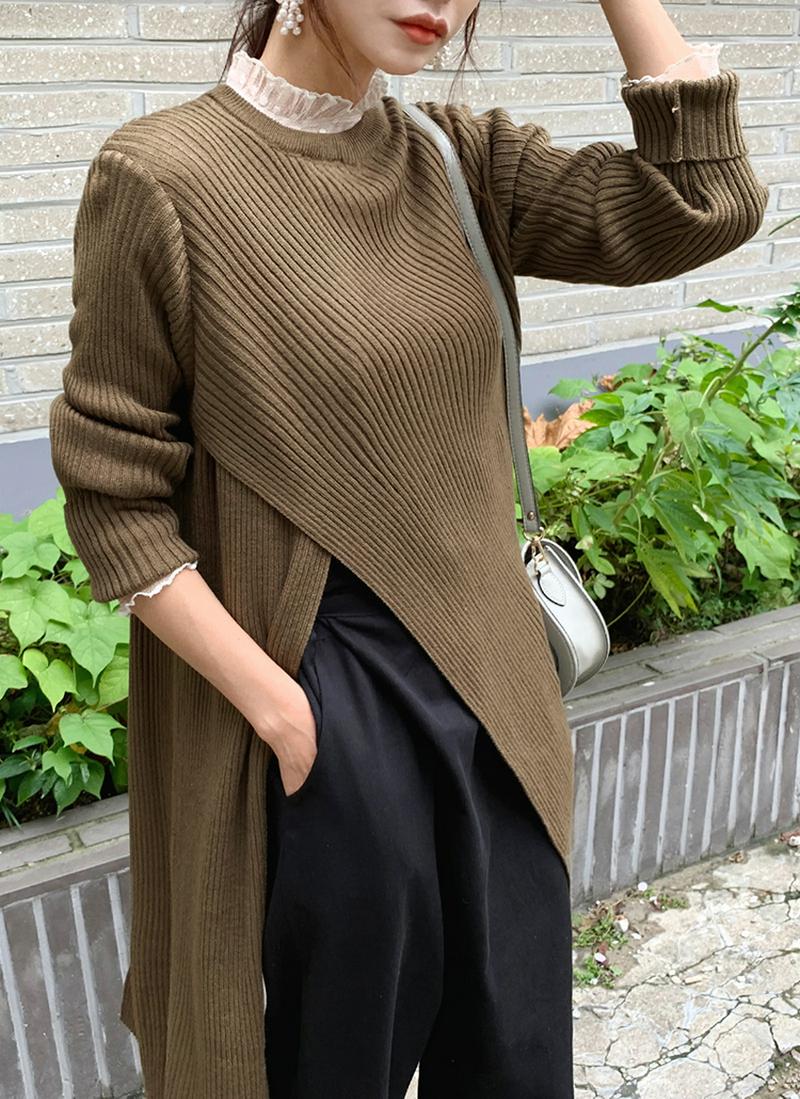 即日配送 ≪人気商品再入荷≫ダイアゴナルロングニット・全2色・e54258 レディース【tops】 トップス ニット ロングニット ロング丈 長袖 ラウンドネック スリット レイヤード カジュアル フェミニン ユニーク 秋