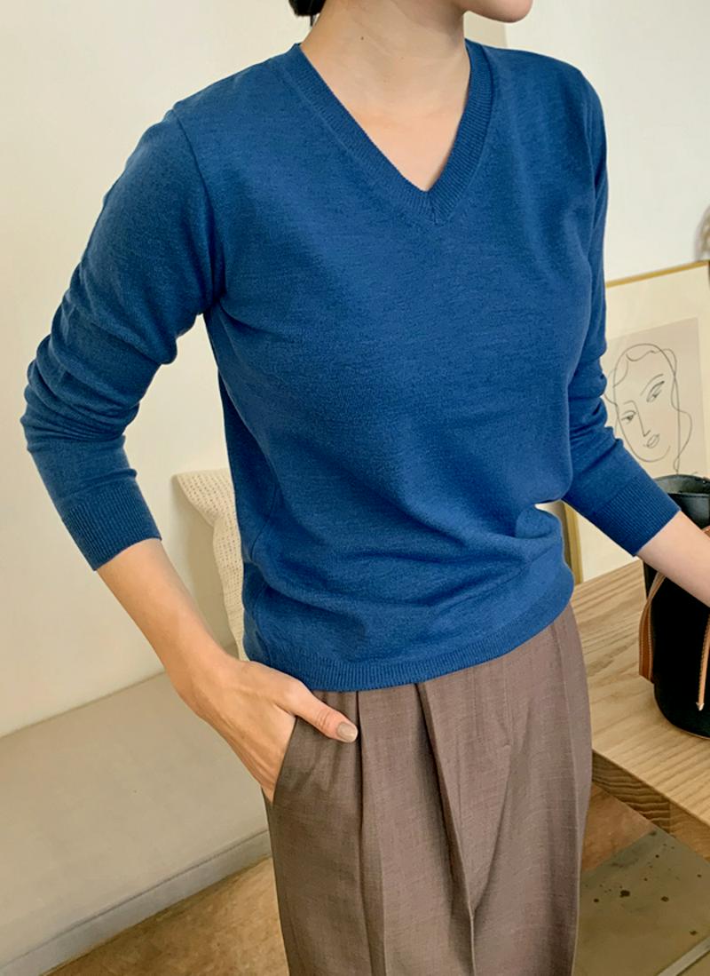 リブヘムVネックニット