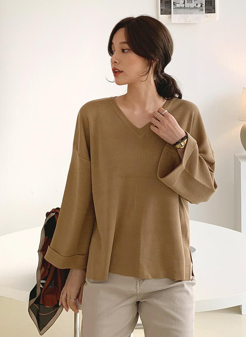 Vネックロールアップニット・全5色