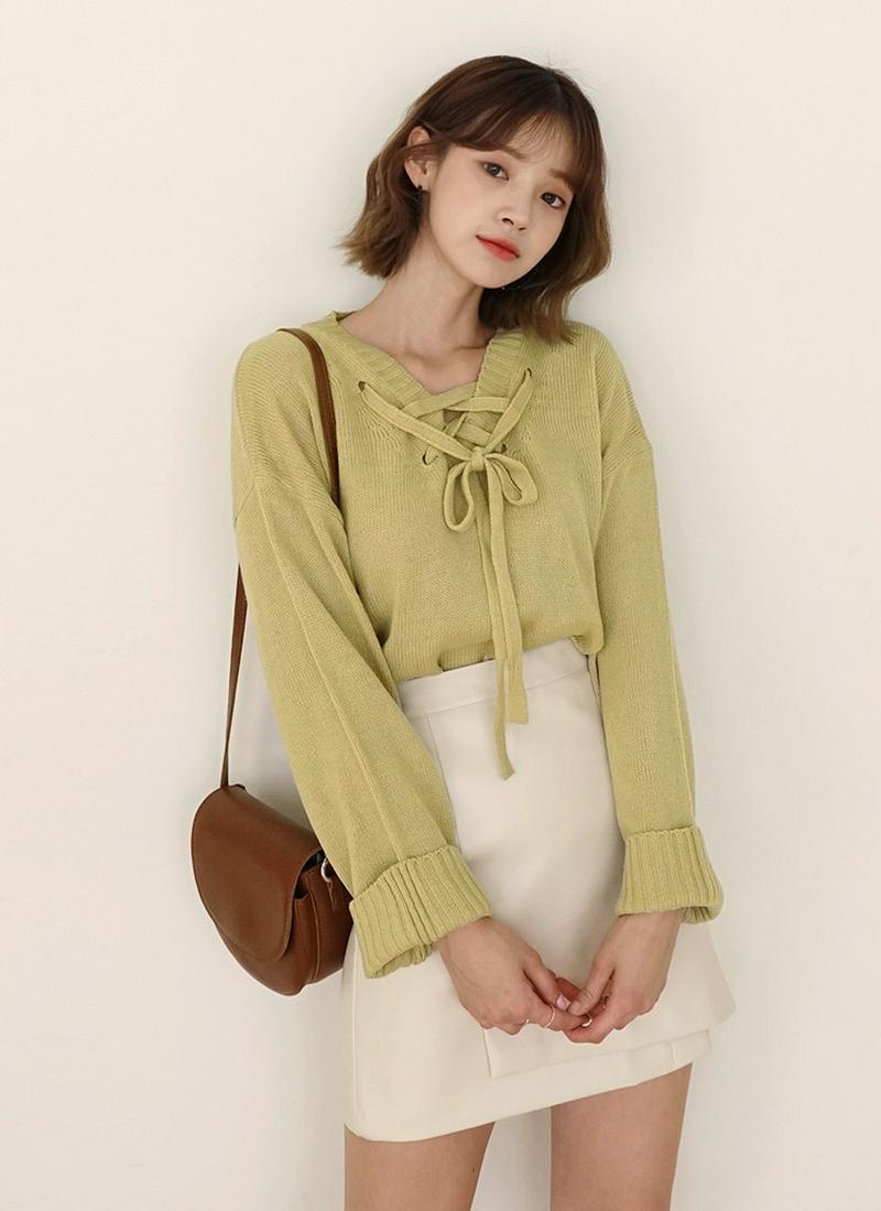 レースアップVネックニット・全5色