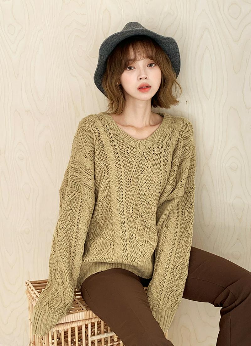 Vネックルーズツイストニット・全4色