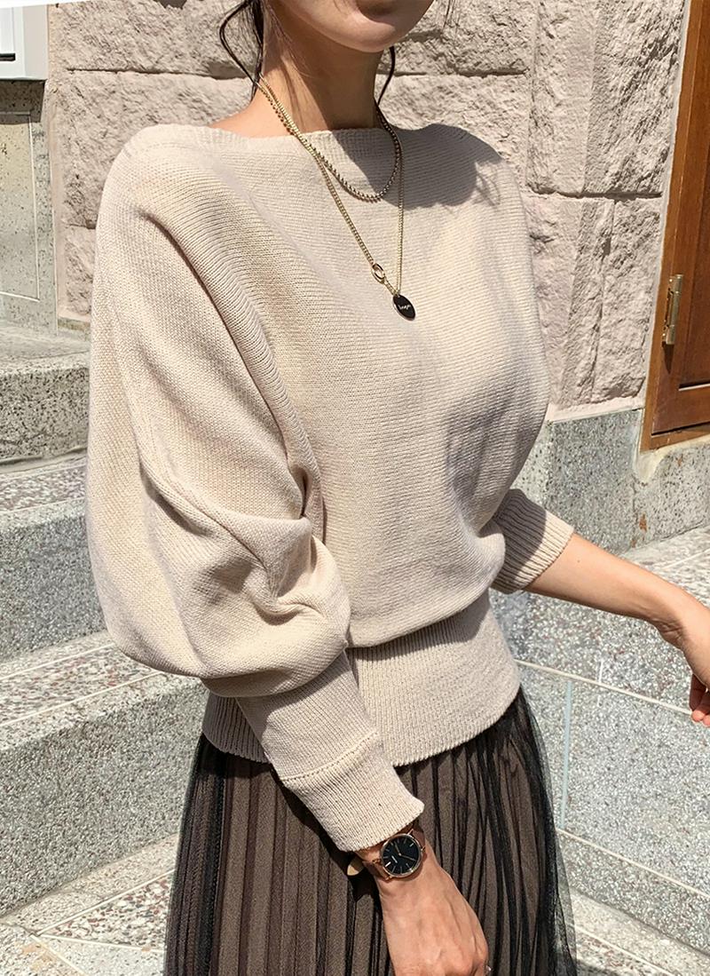 リブヘムボートネックニット・全3色・b53841 レディース【tops】 トップス ニット 長袖 ボートネック ショット丈 無地 カジュアル シンプル かわいい ボリューム袖 袖コン ワイドスリーブ 単色 フェミニン 秋