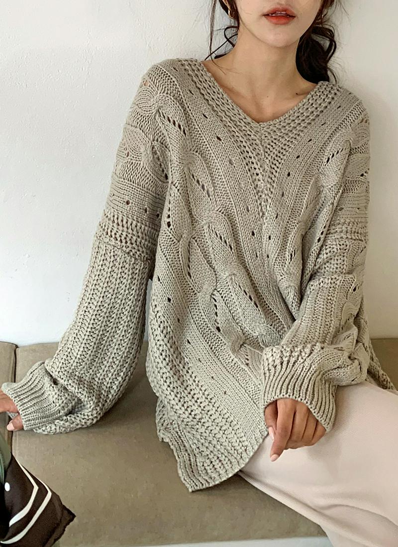 ルーズVネックツイストニット・全3色