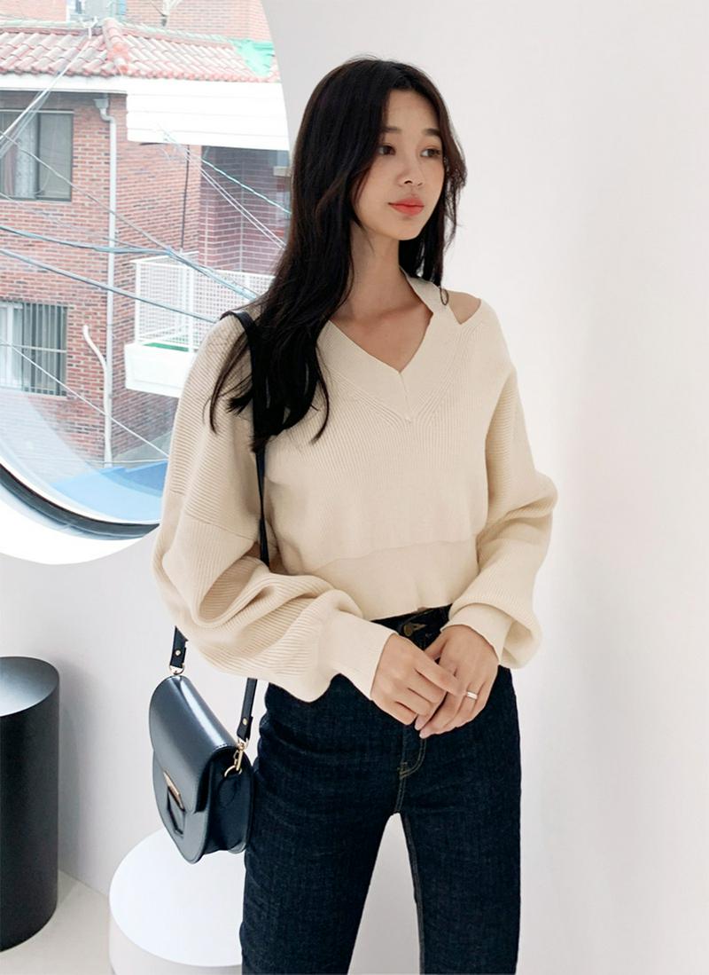 ショルダーカットクロップドニット・全2色