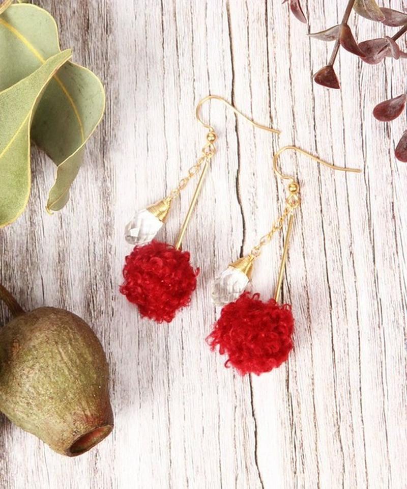 K14GF ウール風ボールレッド×クリスタルピアス