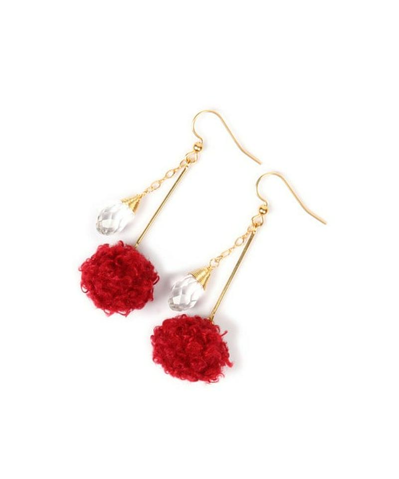 K14GF ウール風ボールレッド×クリスタルピアス