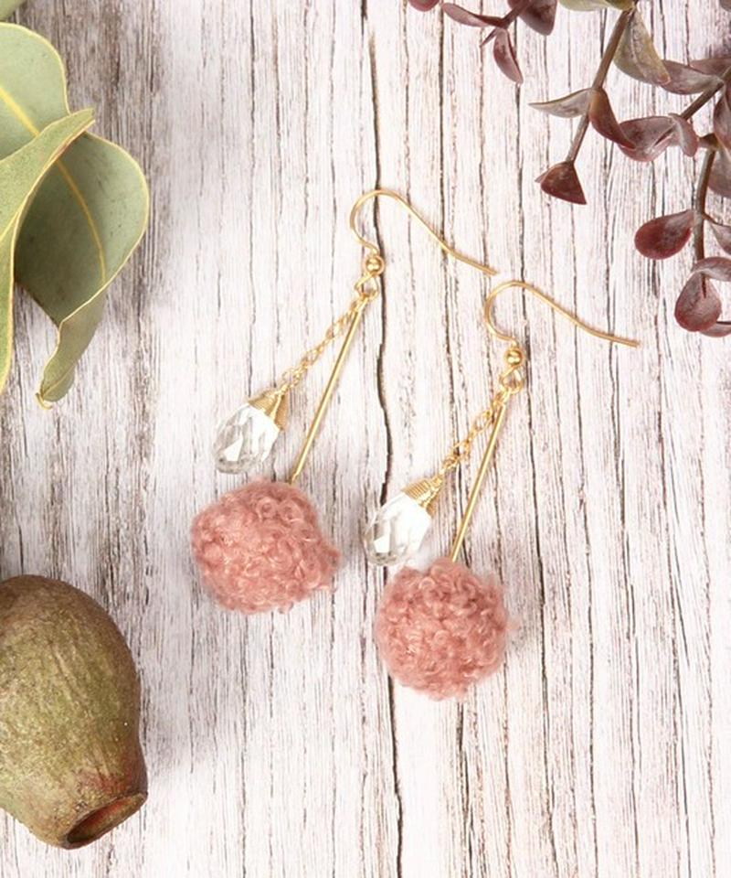 K14GF ウール風ボールピンク×クリスタルピアス