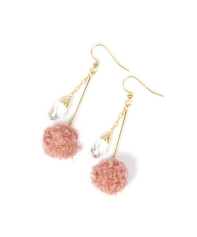 K14GF ウール風ボールピンク×クリスタルピアス