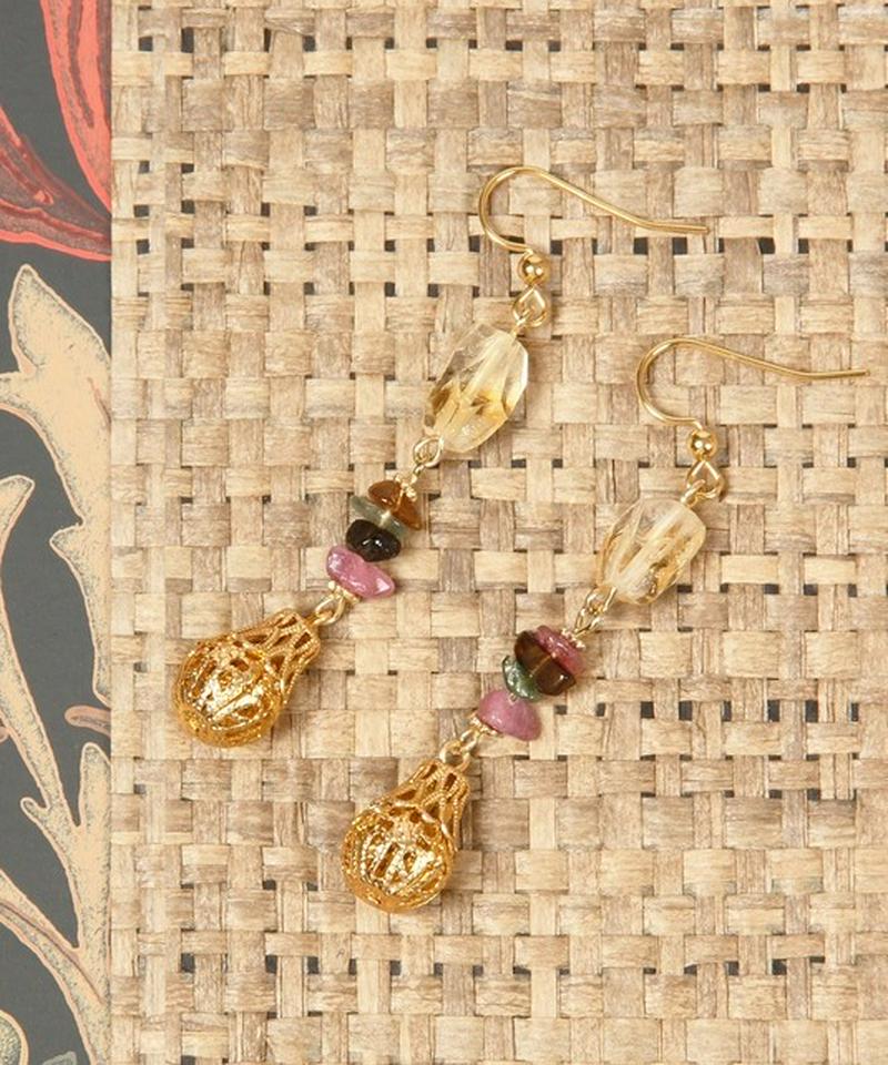 【10月誕生石】K14GF サザレトルマリン×装飾しずくパーツピアス