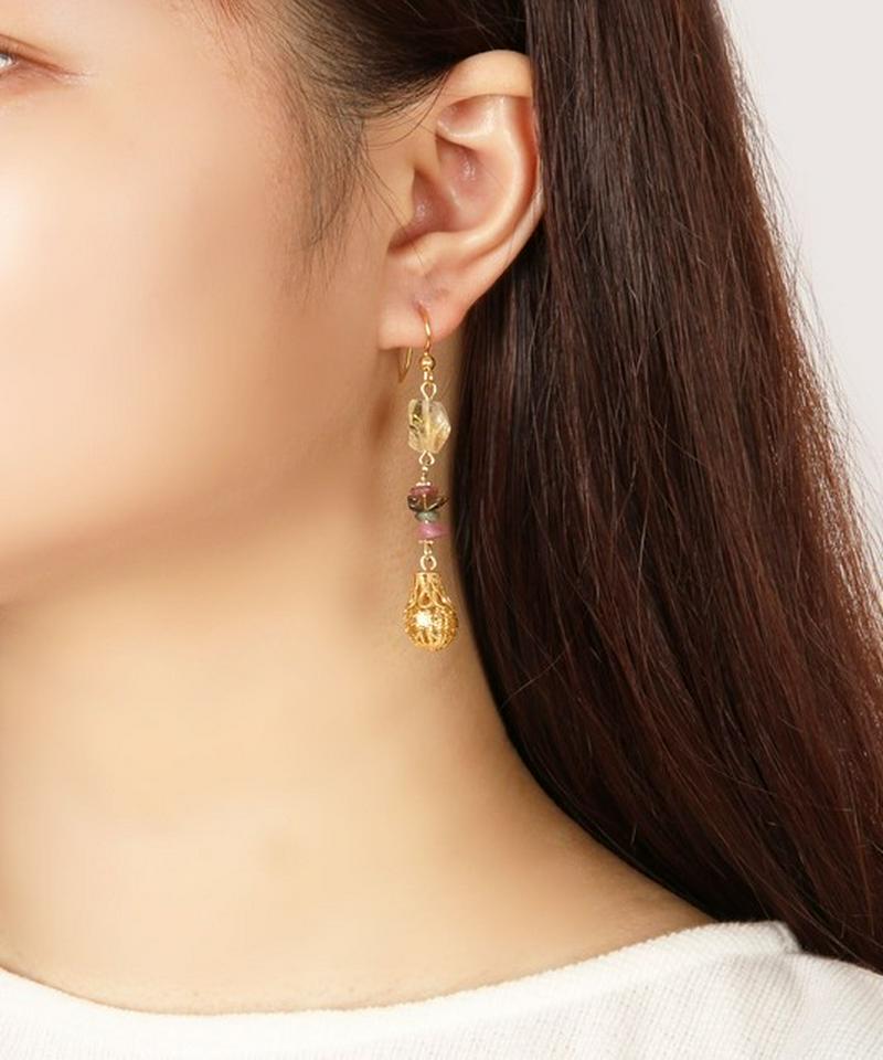 【10月誕生石】K14GF サザレトルマリン×装飾しずくパーツピアス