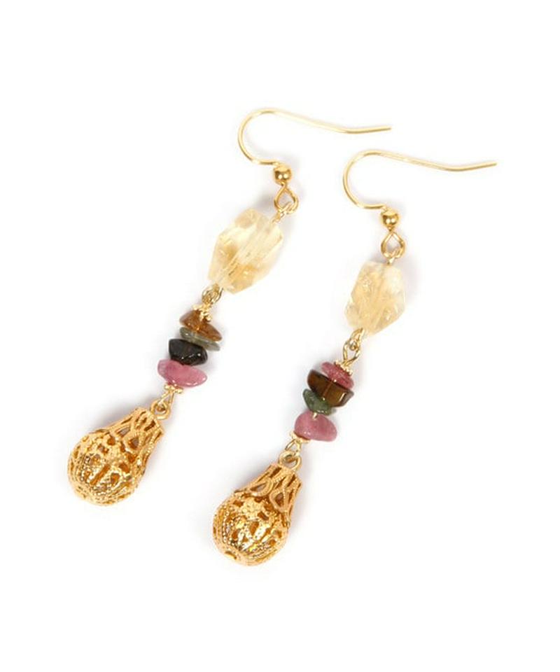 【10月誕生石】K14GF サザレトルマリン×装飾しずくパーツピアス