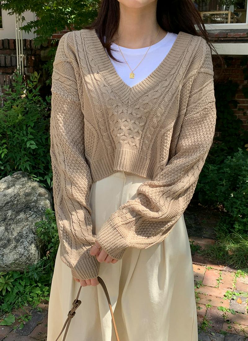 Vネッククロップドニット