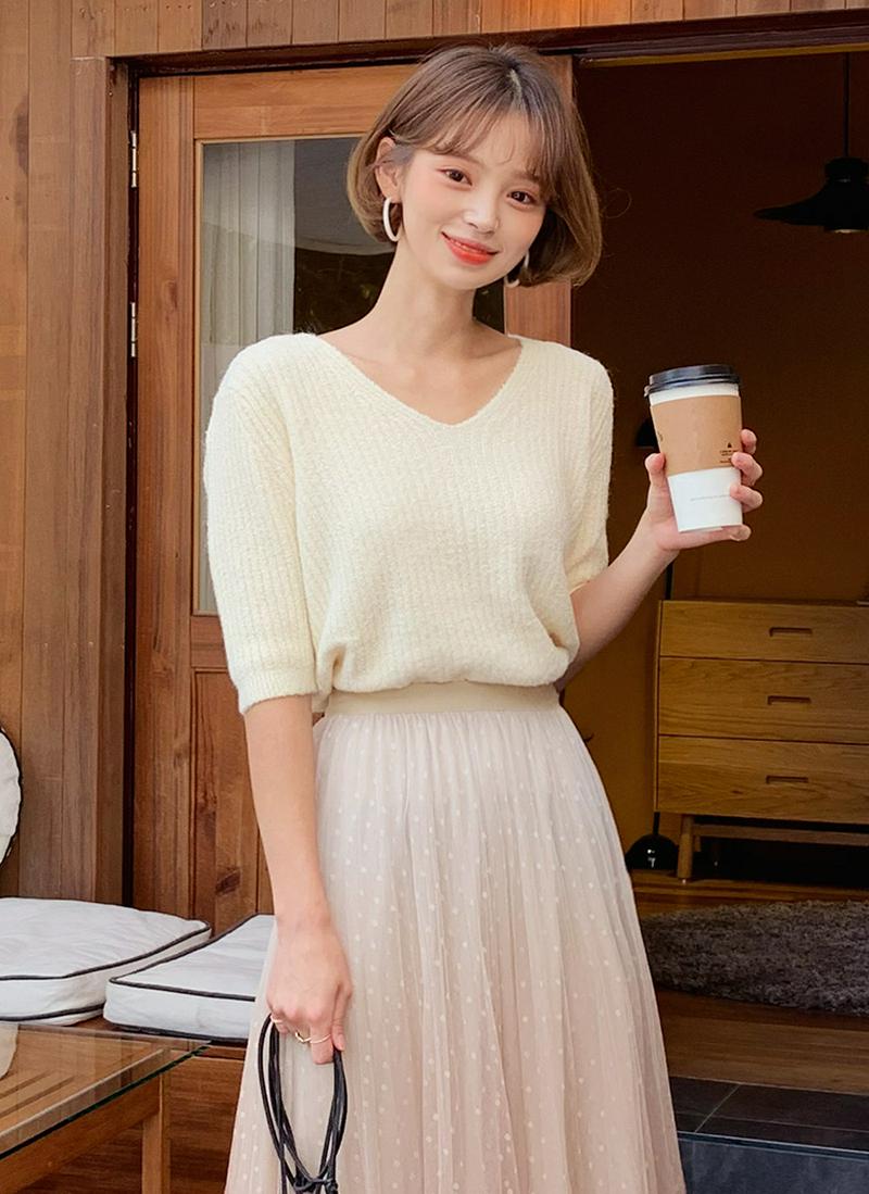 ソフトリブVネックニット・全3色