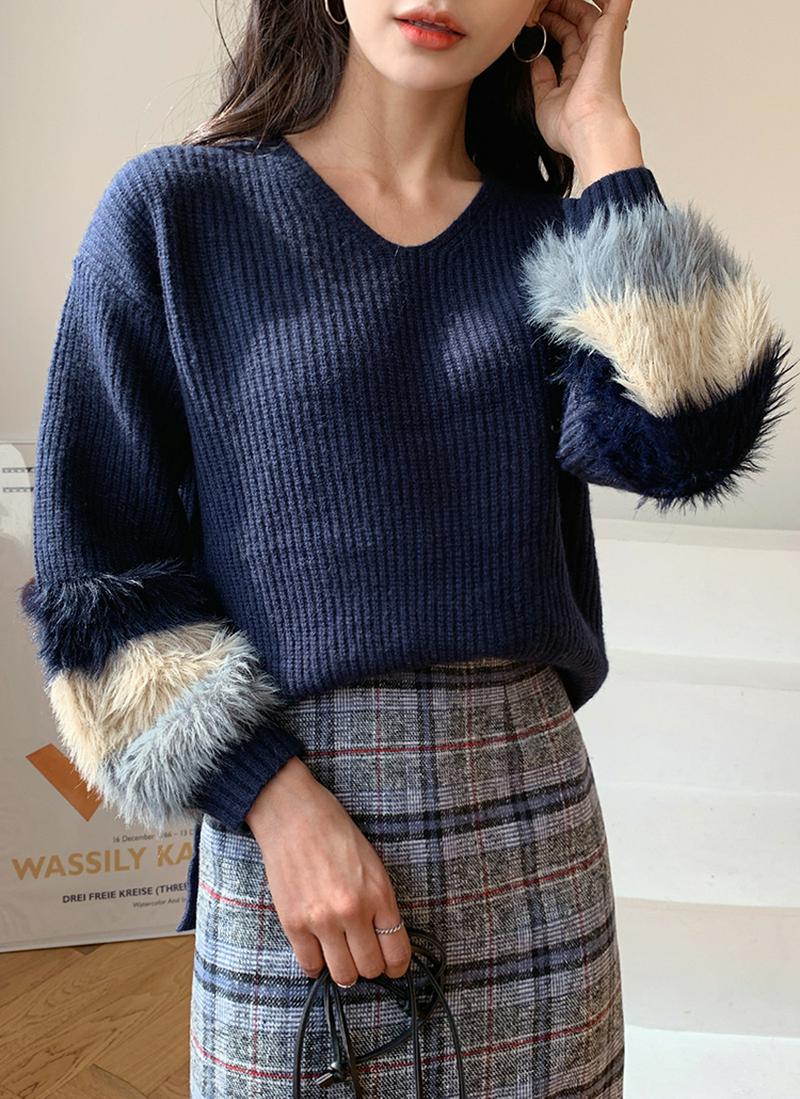 配色ファースリーブニット・全2色