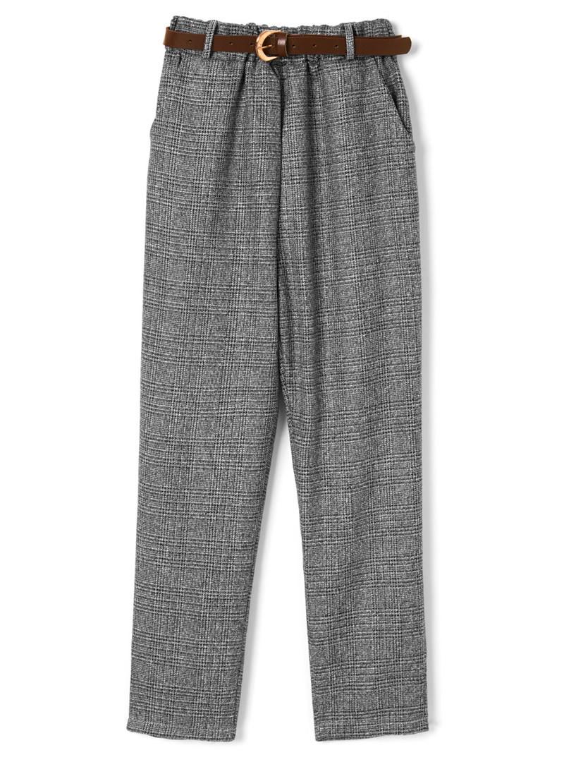 ベルト付きグレンチェックテーパードパンツ