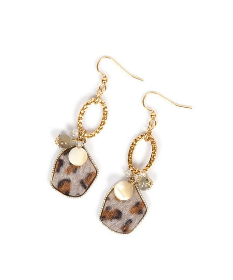 K14GF ヒョウ柄パーツグレー×槌目リングピアス