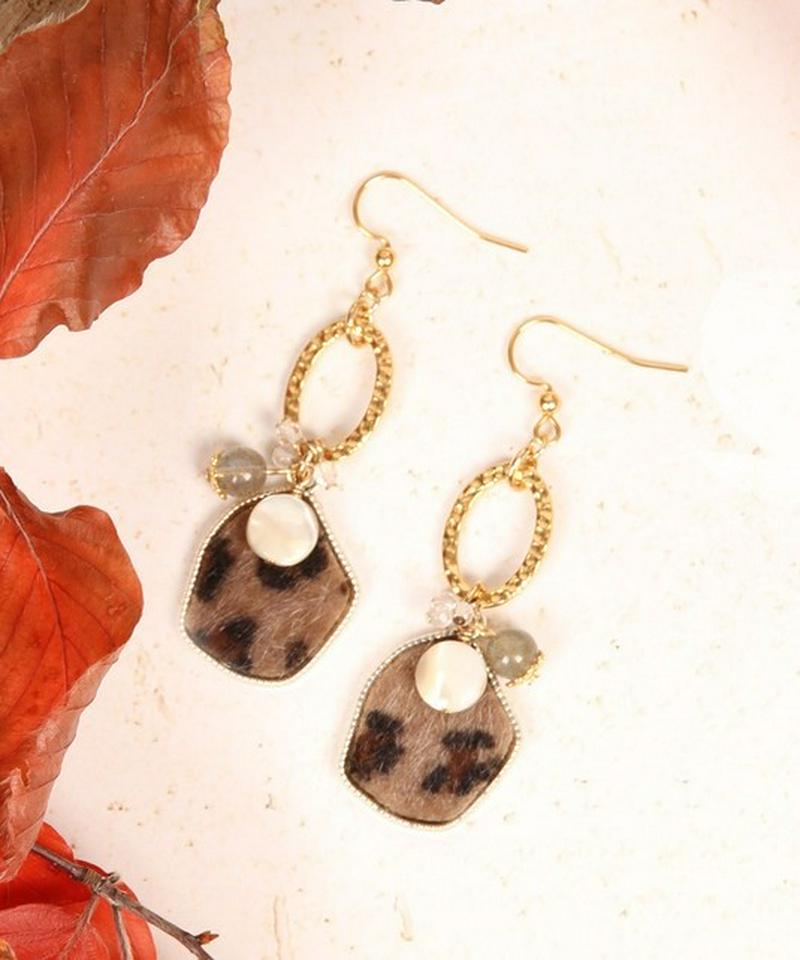 K14GF ヒョウ柄パーツブラウン×槌目リングピアス