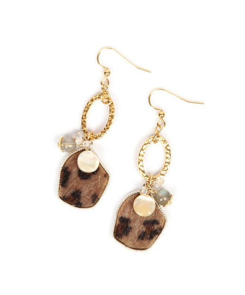 K14GF ヒョウ柄パーツブラウン×槌目リングピアス