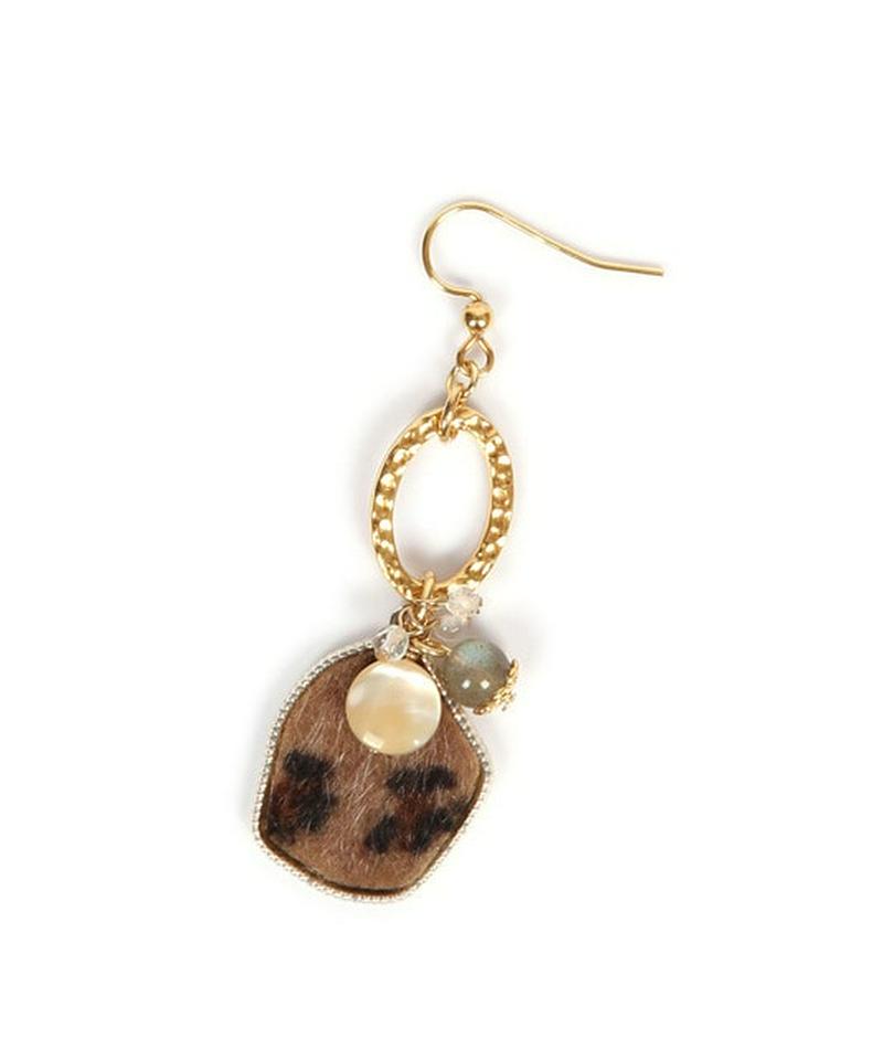 K14GF ヒョウ柄パーツブラウン×槌目リングピアス